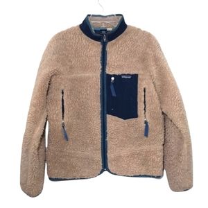 PATAGONIA Deep Pile Fleece Full Zip Jacket Vintage Retro Cream Blue